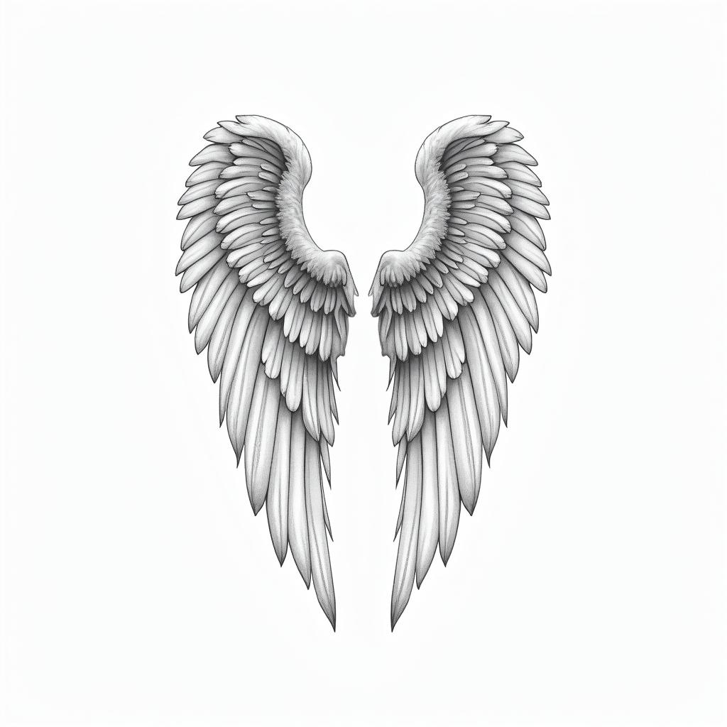 Angel wings with detailed feathersin minimalist style tattoo, featuring simple shapes and fine lines, with minimal shading and details, tiny triangles, creating a sense of balance and harmony - Variation 6
