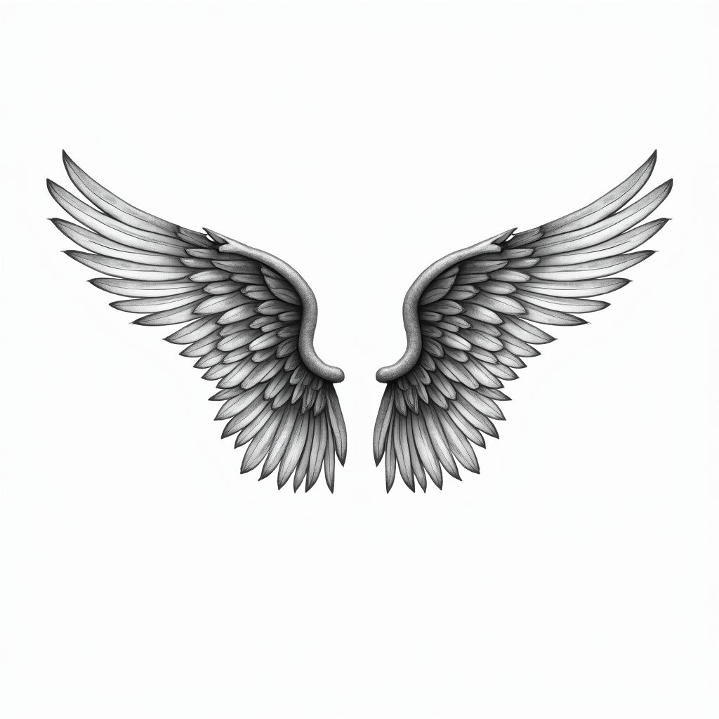 Angel wings with detailed feathersin minimalist style tattoo, featuring simple shapes and fine lines, with minimal shading and details, tiny triangles, creating a sense of balance and harmony - Variation 5