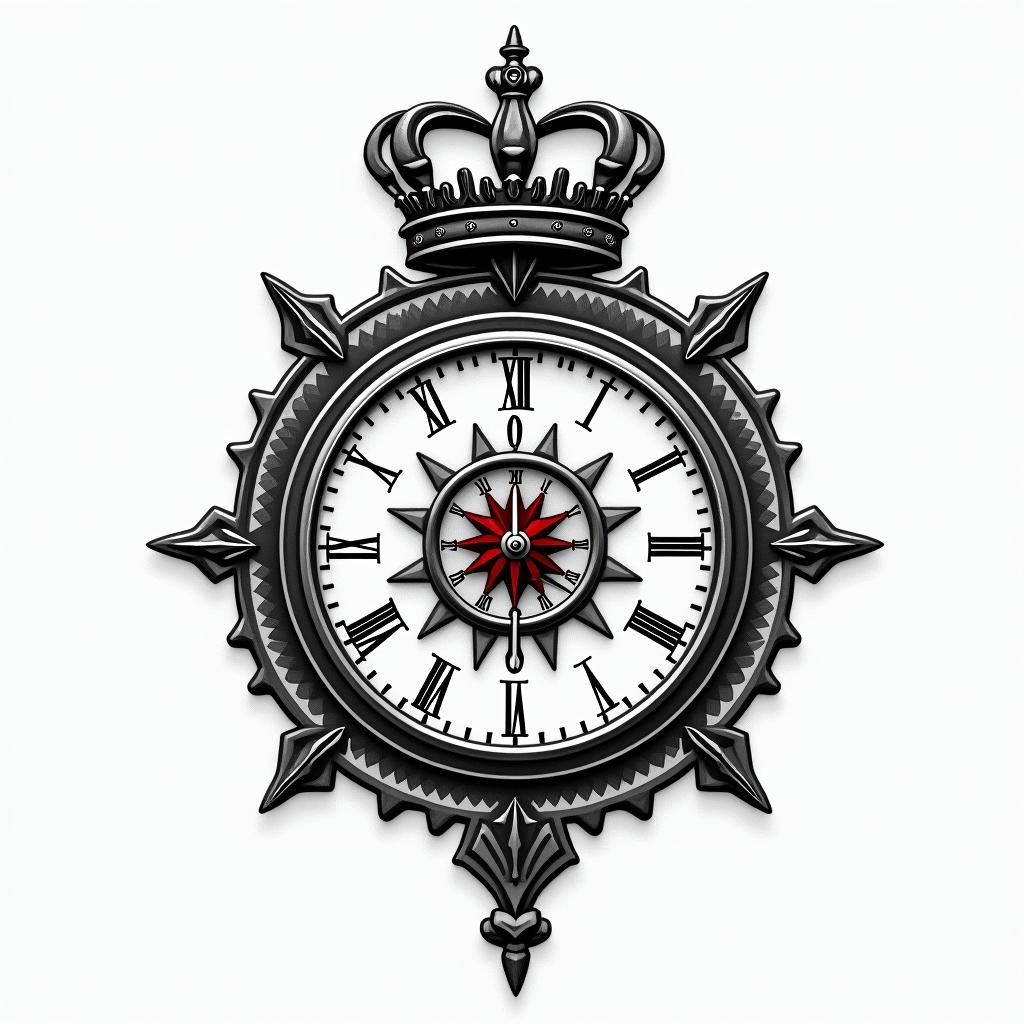 Clock with what's a king without a crown and a simple crown black red and Grey in geometric style tattoo, blending hexagons, mandala-inspired patterns, symmetrical and fractal design, clean lines, sharp angles - Variation 4