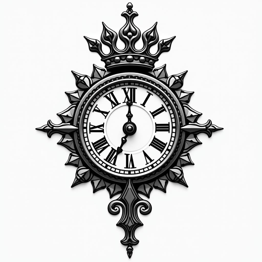 Clock with what's a king without a crown and a simple crown black red and Grey in geometric style tattoo, blending hexagons, mandala-inspired patterns, symmetrical and fractal design, clean lines, sharp angles - Variation 2