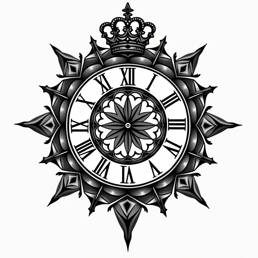 Clock with what's a king without a crown and a simple crown black red and Grey in geometric style tattoo, blending hexagons, mandala-inspired patterns, symmetrical and fractal design, clean lines, sharp angles - Variation 3
