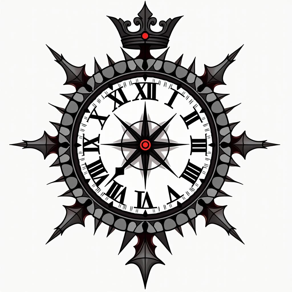 Clock with what's a king without a crown and a simple crown black red and Grey in geometric style tattoo, blending hexagons, mandala-inspired patterns, symmetrical and fractal design, clean lines, sharp angles