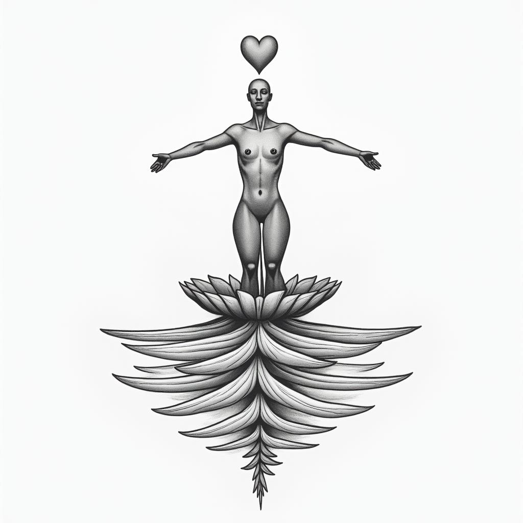 Balance, person, world, supportin Modest style tattoo, featuring soft, delicate line work with simple and meaningful symbols, gentle waves, a heart, evoking a sense of serenity and grace, - Variation 3