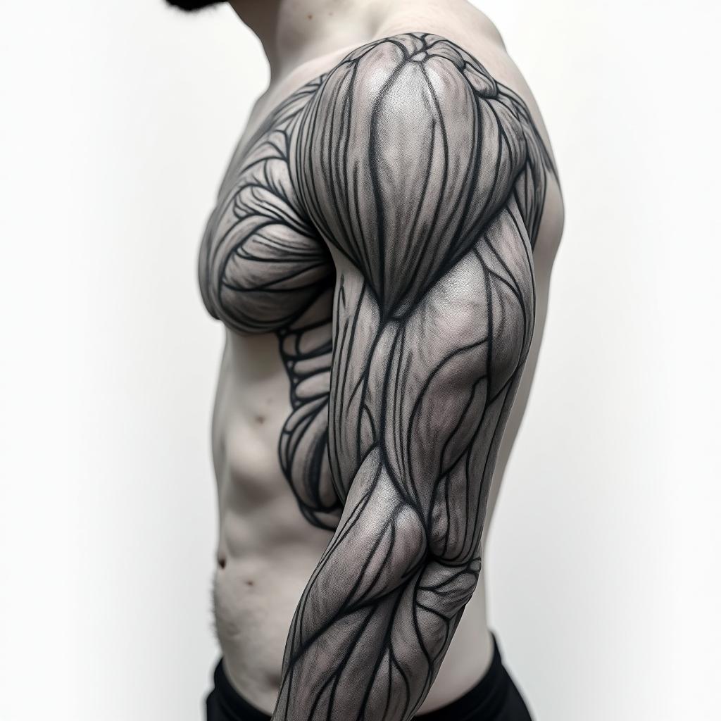 Mechanical and muscle tissue sleevein realism tattoo style, featuring a highly detailed, lifelike, capturing every detail, photorealistic, ultra realistic, intricate shading, smooth and sharp, - Variation 11