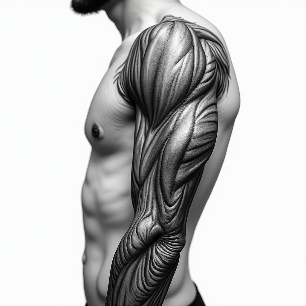 Mechanical and muscle tissue sleevein realism tattoo style, featuring a highly detailed, lifelike, capturing every detail, photorealistic, ultra realistic, intricate shading, smooth and sharp, - Variation 10
