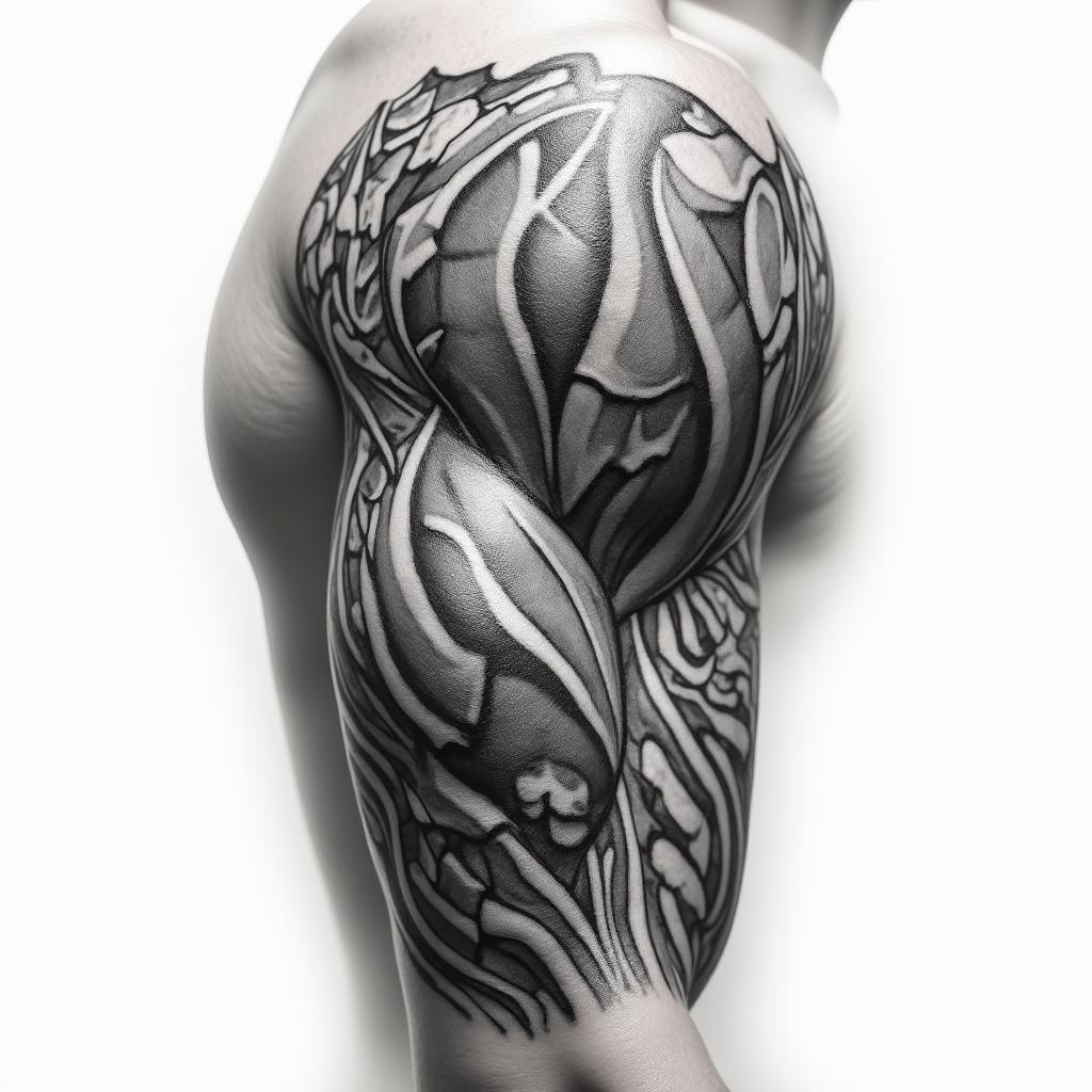 Mechanical and muscle tissue sleevein realism tattoo style, featuring a highly detailed, lifelike, capturing every detail, photorealistic, ultra realistic, intricate shading, smooth and sharp, - Variation 12