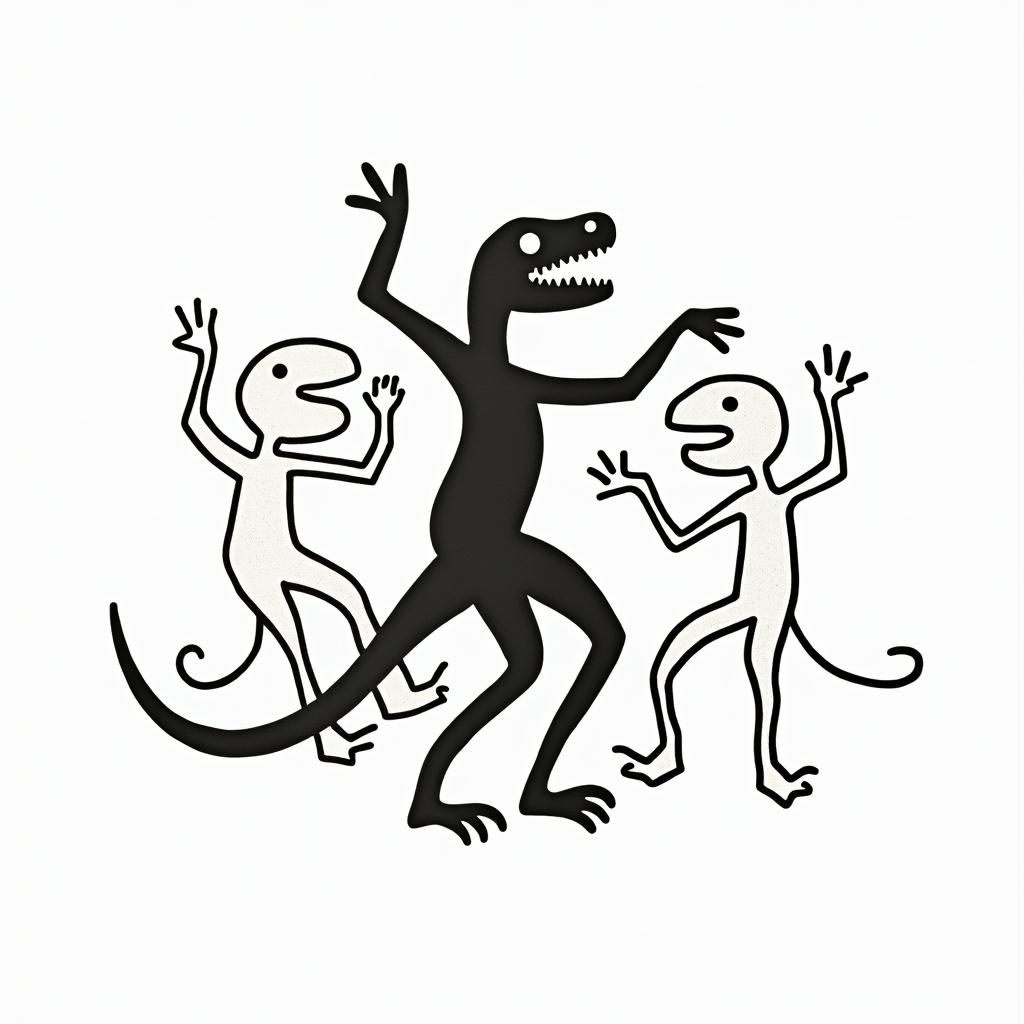 Velociraptorabstract dancing figures in Keith Haring style, featuring bold black outlines and solid color fills, figures posed in dynamic and playful dance movements, minimalist design - Variation 3
