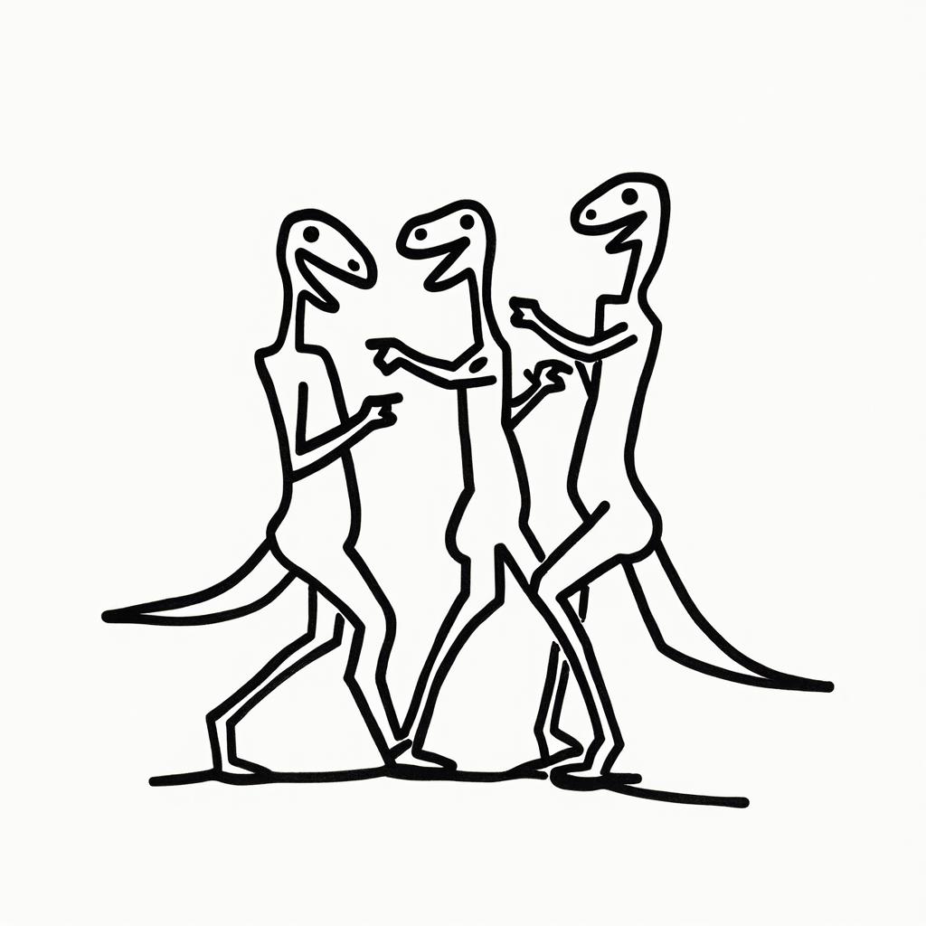 Velociraptorabstract dancing figures in Keith Haring style, featuring bold black outlines and solid color fills, figures posed in dynamic and playful dance movements, minimalist design - Variation 2