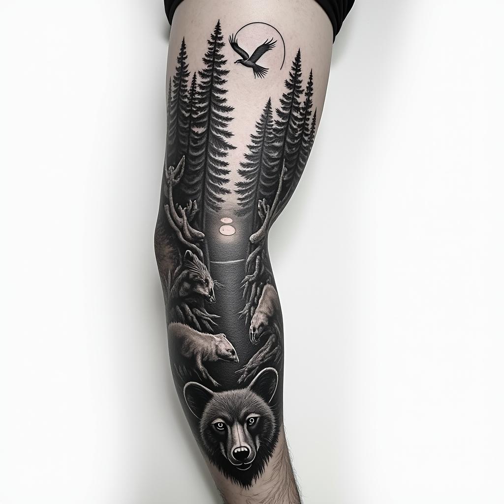 Full arm sleeve, forest theme, with birds, wolves, bears, and a sunrisetattoo in biomechanic style, the tattoo covered by robotic elements of futuristic cyberpunk design, robotic features detail, showcasing intricate mechanical components