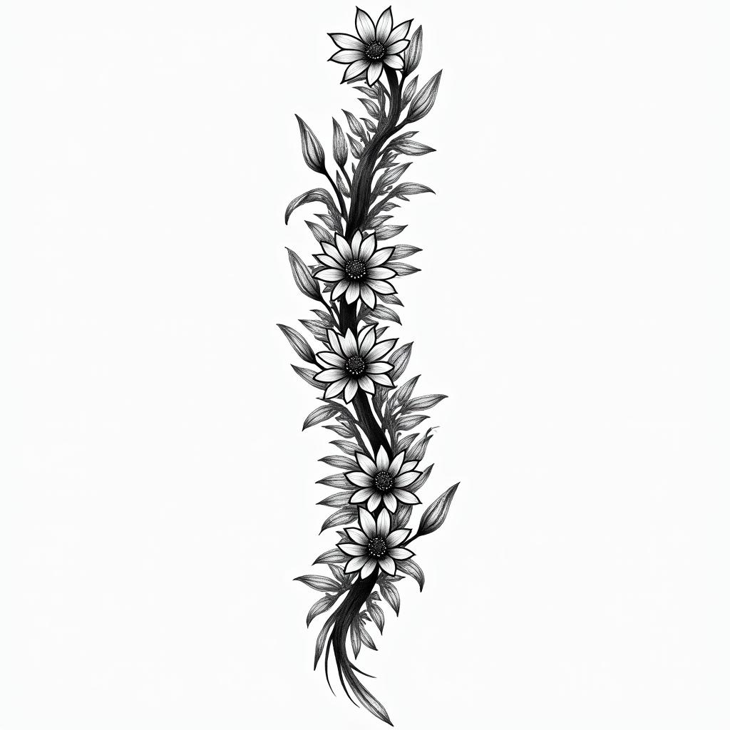 A spine tattoo featuring a collection of wildflowers in a black ink style, incorporating July birth flowers, symbolizing growth and resilience in a beautiful and elegant design.higly detailed tattoo - Variation 2