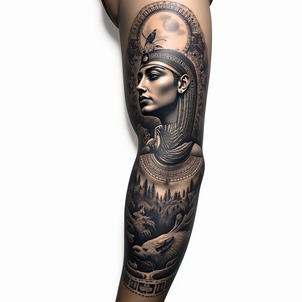 Full arm sleeve, forest theme, with birds, wolves, bears, and a sunrisein egyptian style tattoo, bold elements of ancient egyptian culture including a portrait of an Egyptian pharaoh with detailed facial features, in hieroglyphs and symbolic imagery, eye of horus, ankh symbol, scarab beetle