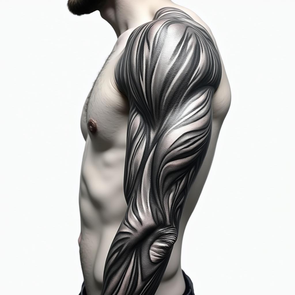 Mechanical and muscle tissue sleevein realism tattoo style, featuring a highly detailed, lifelike, capturing every detail, photorealistic, ultra realistic, intricate shading, smooth and sharp, - Variation 6