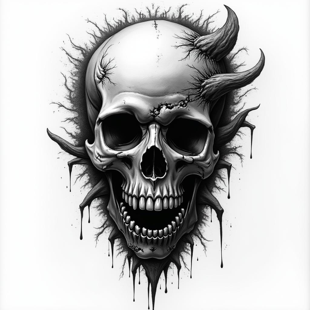 TIAGO, Sagittarius, Botelhos in horror tattoo style, showcasing haunting and unsettling, dark and gritty textures with skulls, eerie faces, jgged designs, bold and intense shading - Variation 4