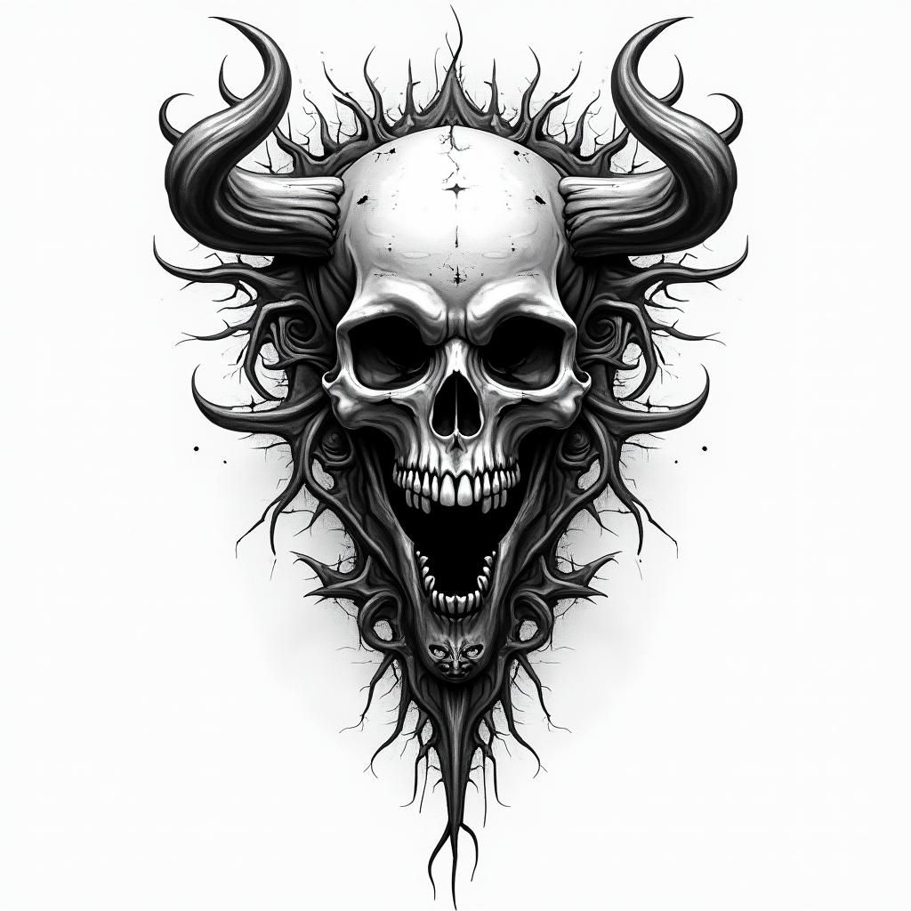 TIAGO, Sagittarius, Botelhos in horror tattoo style, showcasing haunting and unsettling, dark and gritty textures with skulls, eerie faces, jgged designs, bold and intense shading - Variation 2