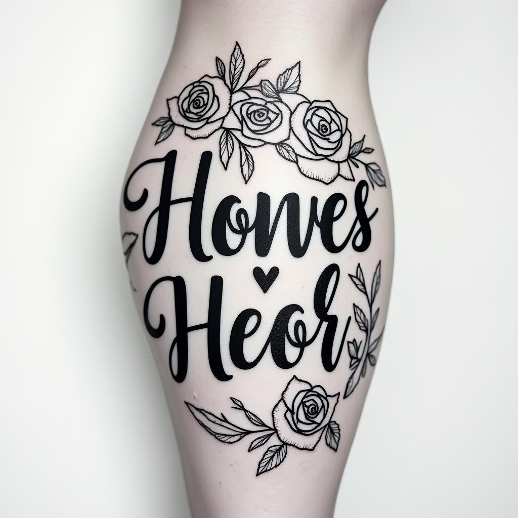 Malein elegant cursive calligraphy style 2d tattoo, decorate with roses, featuring a smooth and flowing handwritten script with slightly thickened strokes for a luxurious and bold appearance,  heart symbol between names,  sleek and glossy black text with shadowing, minimalist matte white background, clean and sharp edges, illuminated with soft lighting, romantic, 8k, high-quality textures with refined typography - Variation 3