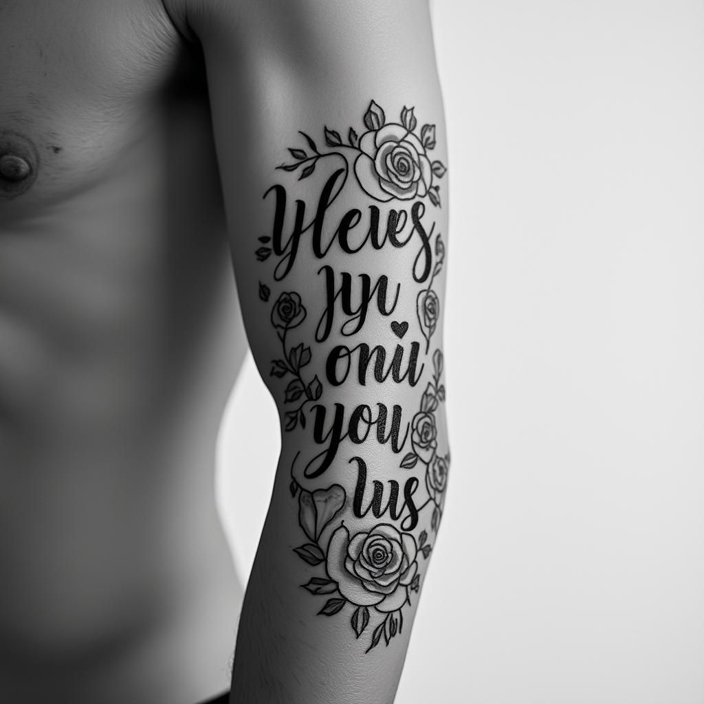 Malein elegant cursive calligraphy style 2d tattoo, decorate with roses, featuring a smooth and flowing handwritten script with slightly thickened strokes for a luxurious and bold appearance, heart symbol between names, sleek and glossy black text with shadowing, minimalist matte white background, clean and sharp edges, illuminated with soft lighting, romantic, 8k, high-quality textures with refined typography