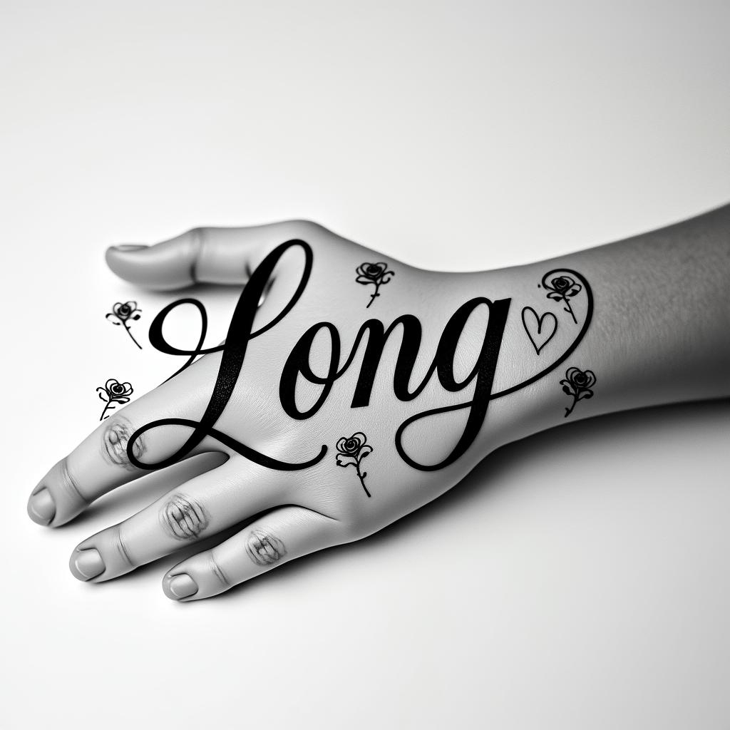 Malein elegant cursive calligraphy style 2d tattoo, decorate with roses, featuring a smooth and flowing handwritten script with slightly thickened strokes for a luxurious and bold appearance,  heart symbol between names,  sleek and glossy black text with shadowing, minimalist matte white background, clean and sharp edges, illuminated with soft lighting, romantic, 8k, high-quality textures with refined typography - Variation 2
