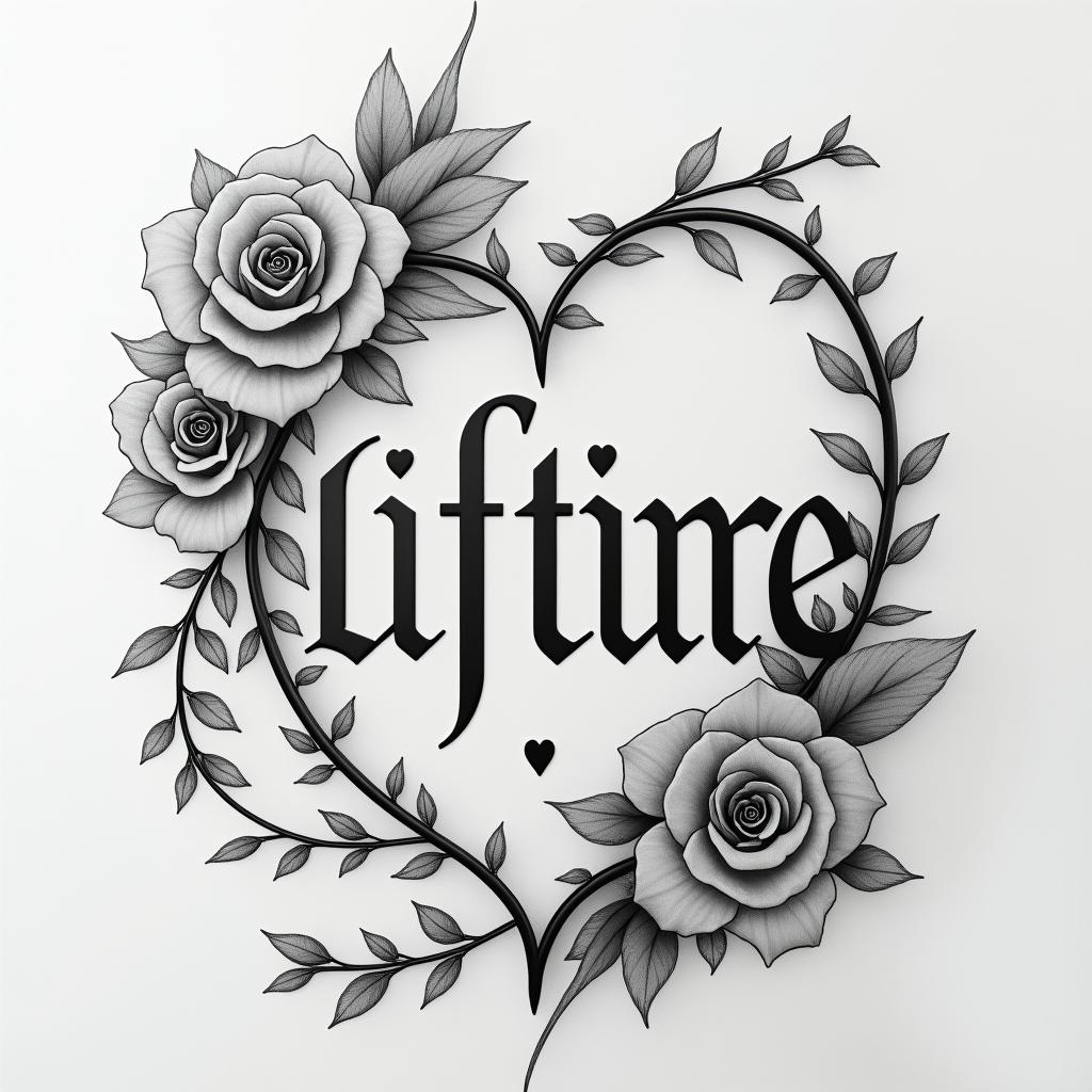 Malein elegant cursive calligraphy style 2d tattoo, decorate with roses, featuring a smooth and flowing handwritten script with slightly thickened strokes for a luxurious and bold appearance,  heart symbol between names,  sleek and glossy black text with shadowing, minimalist matte white background, clean and sharp edges, illuminated with soft lighting, romantic, 8k, high-quality textures with refined typography - Variation 4