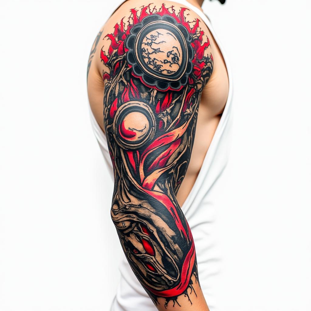 Mechanical and muscle tissue sleevein pop art style tattoo, featuring bold and vibrant colors, exaggerated outlines, iconic imagery, inspired by comic books and speech bubbles, comic book characters, retro pop culture - Variation 6