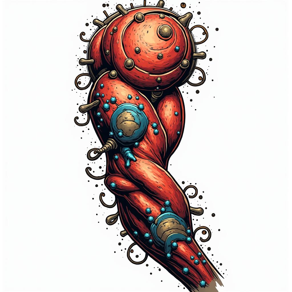 Mechanical and muscle tissue sleevein pop art style tattoo, featuring bold and vibrant colors, exaggerated outlines, iconic imagery, inspired by comic books and speech bubbles, comic book characters, retro pop culture - Variation 7