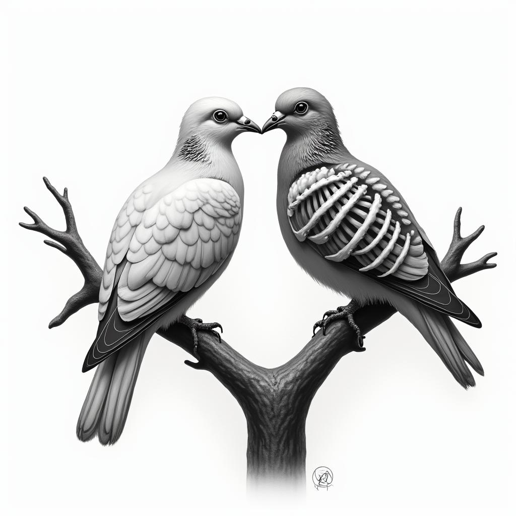 Two doves resting on a tree branch. One is alive and the other is the complete skeleton of a dove. They are facing each other and their beaks are touching. The tattoo should represent life and death.higly detailed tattoo - Variation 4