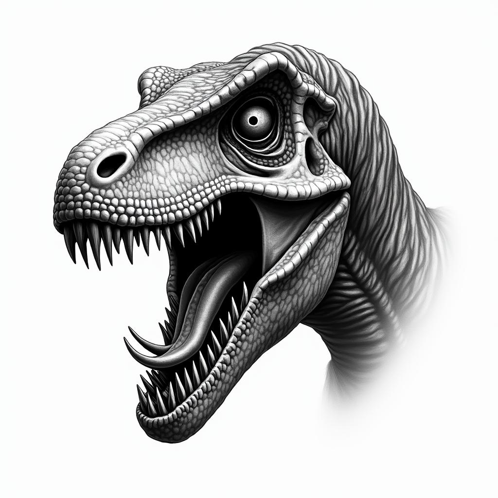 Velociraptor in horror tattoo style, showcasing haunting and unsettling, dark and gritty textures with skulls, eerie faces, jgged designs, bold and intense shading - Variation 3