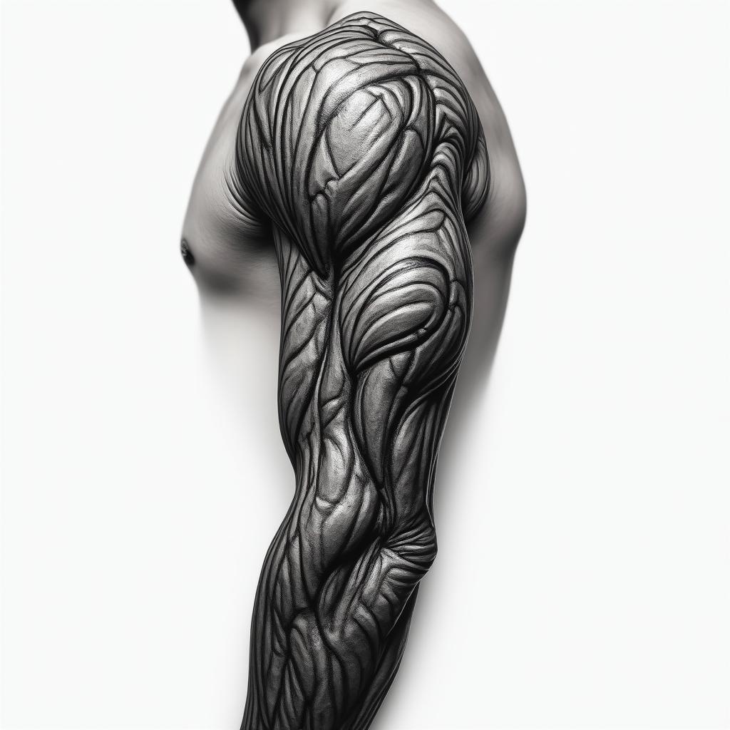Mechanical and muscle tissue sleevein realism tattoo style, featuring a highly detailed, lifelike, capturing every detail, photorealistic, ultra realistic, intricate shading, smooth and sharp, - Variation 4