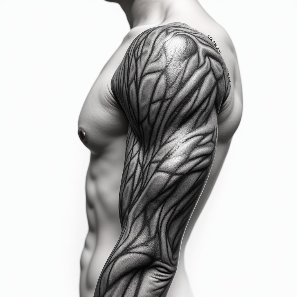 Mechanical and muscle tissue sleevein realism tattoo style, featuring a highly detailed, lifelike, capturing every detail, photorealistic, ultra realistic, intricate shading, smooth and sharp, - Variation 2