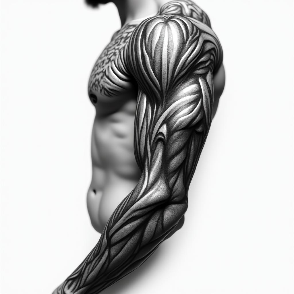 Mechanical and muscle tissue sleevein realism tattoo style, featuring a highly detailed, lifelike, capturing every detail, photorealistic, ultra realistic, intricate shading, smooth and sharp,