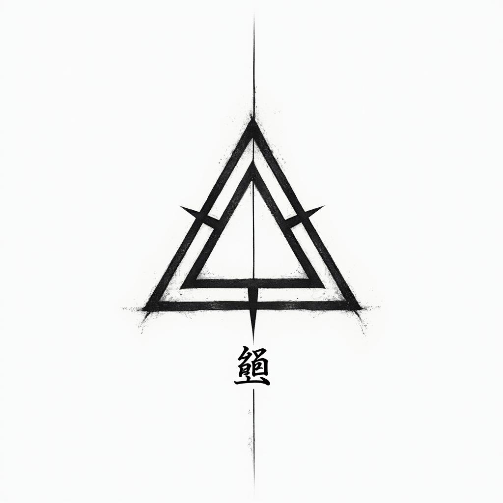 Simple triangle with a line throughtext-based tattoo, japanese font ultra-realistic, perfectly placed, high-quality font design, photo-realistic shading, 8k, high quality, finely detailed typograph
