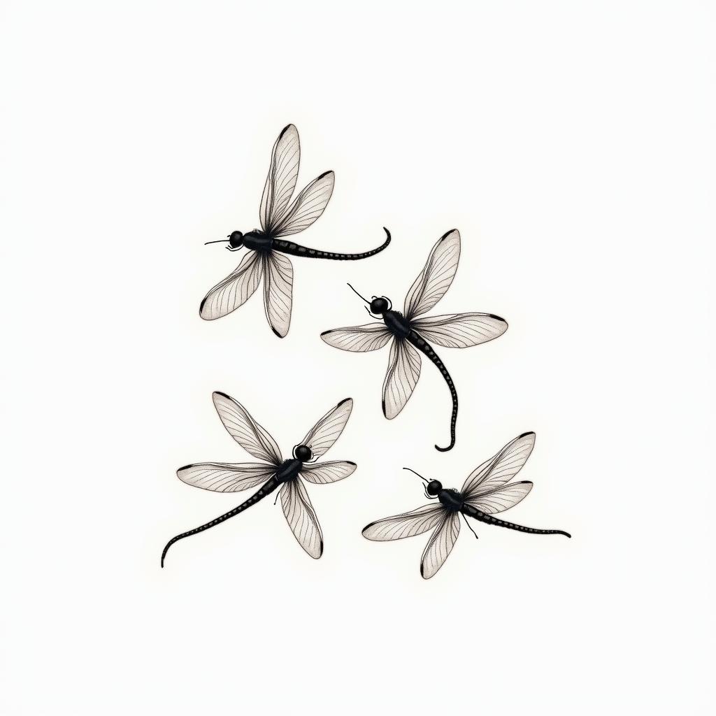 A delicate and subtle tattoo design featuring four dragonflies flying gracefully, representing strength and perseverance, inspired by a meaningful phrase from a grandfather. The dragonflies should have elegant lines and a soft color palette, capturing a sense of freedom and connection to cherished memories.higly detailed tattoo