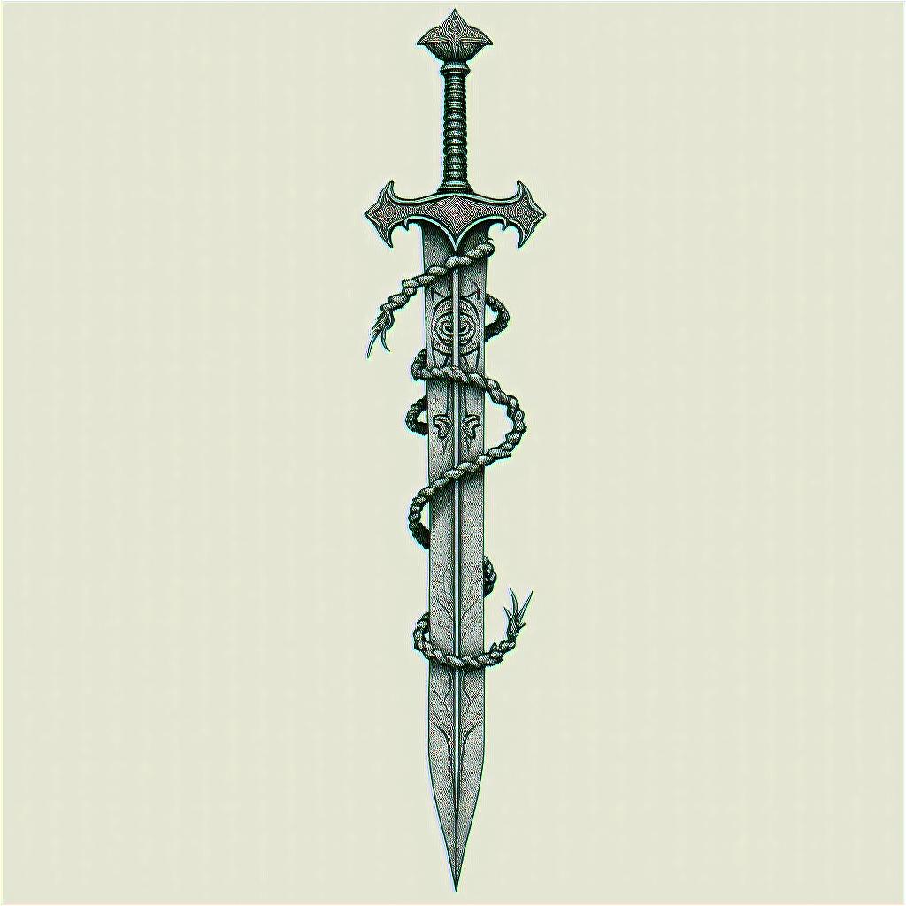 A tattoo design featuring a Viking sword prominently displayed, symbolizing strength and legacy. The sword is intertwined with elements representing the Lothbrok family, such as their name or emblem. Incorporate symbols of Viking life, like runes and historical motifs, capturing the essence of the Viking age, including their rich history and mode of life. The overall design evokes a sense of heritage and personal connection to the Viking culture.higly detailed tattoo - Variation 4