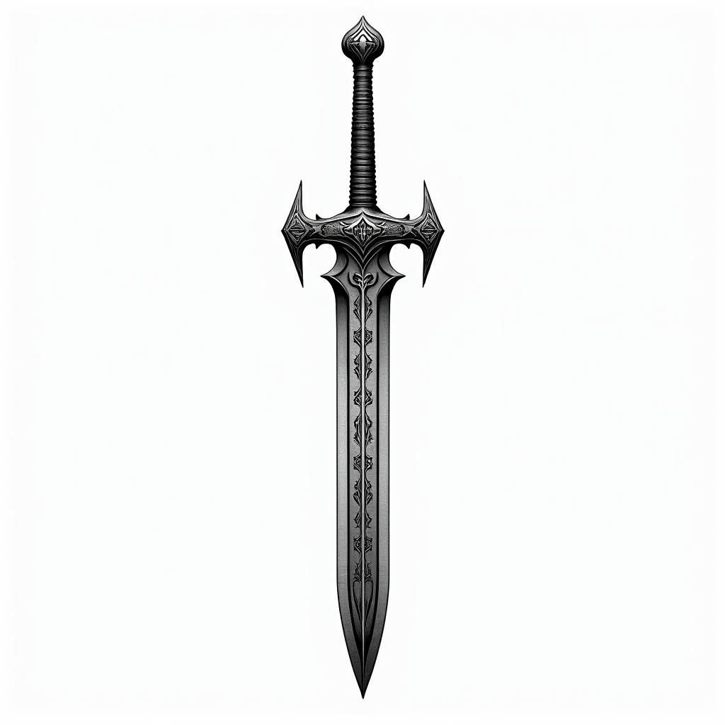A tattoo design featuring a Viking sword prominently displayed, symbolizing strength and legacy. The sword is intertwined with elements representing the Lothbrok family, such as their name or emblem. Incorporate symbols of Viking life, like runes and historical motifs, capturing the essence of the Viking age, including their rich history and mode of life. The overall design evokes a sense of heritage and personal connection to the Viking culture.higly detailed tattoo - Variation 2