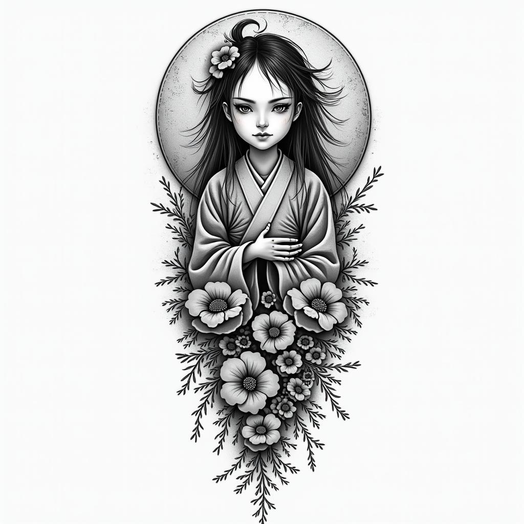 Tattoo to honor your dead childrenin japanese style tattoo, detailed tattoo, traditional japanese culture tattoo, mythology, 8k - Variation 2