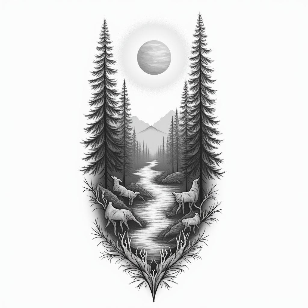Forest theme tattoo, with animals and a sunrise, for a full arm sleevein Modest style tattoo, featuring soft, delicate line work with simple and meaningful symbols, gentle waves, a heart, evoking a sense of serenity and grace, - Variation 2