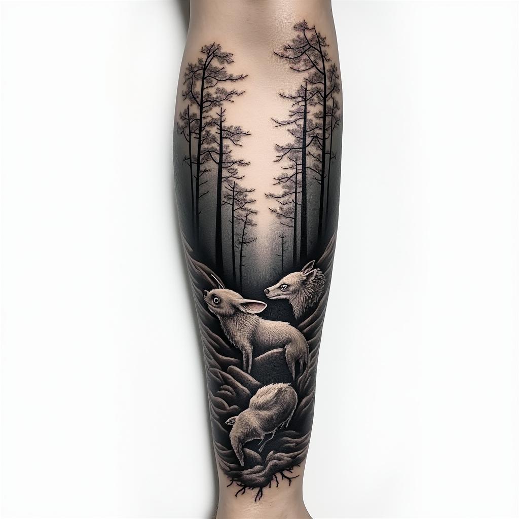 Forest theme tattoo, with animals and a sunrise, for a full arm sleevein new school tattoo, pop culture, modern, detailed tattoo, illustrative - Variation 2