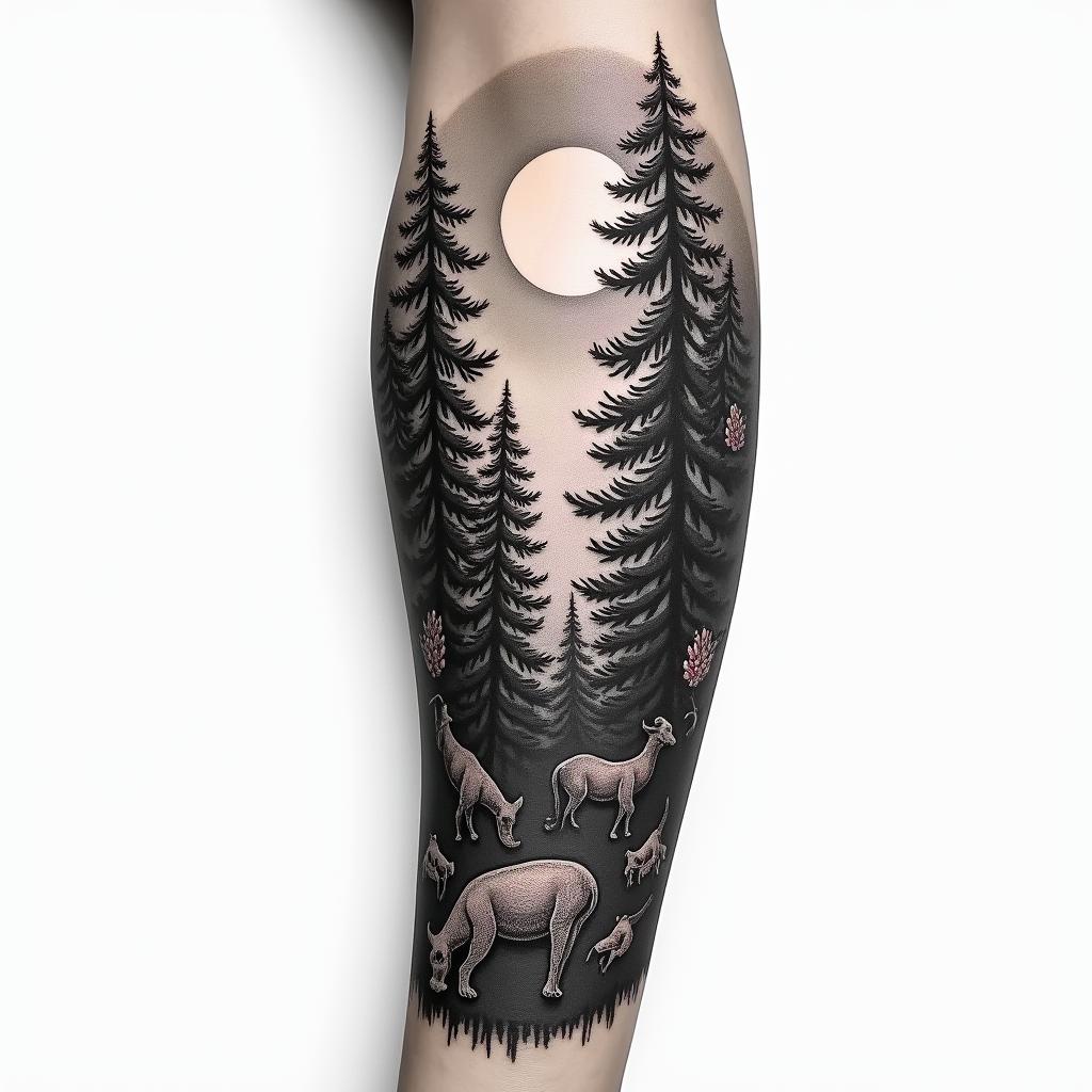 Forest theme tattoo, with animals and a sunrise, for a full arm sleevein new school tattoo, pop culture, modern, detailed tattoo, illustrative