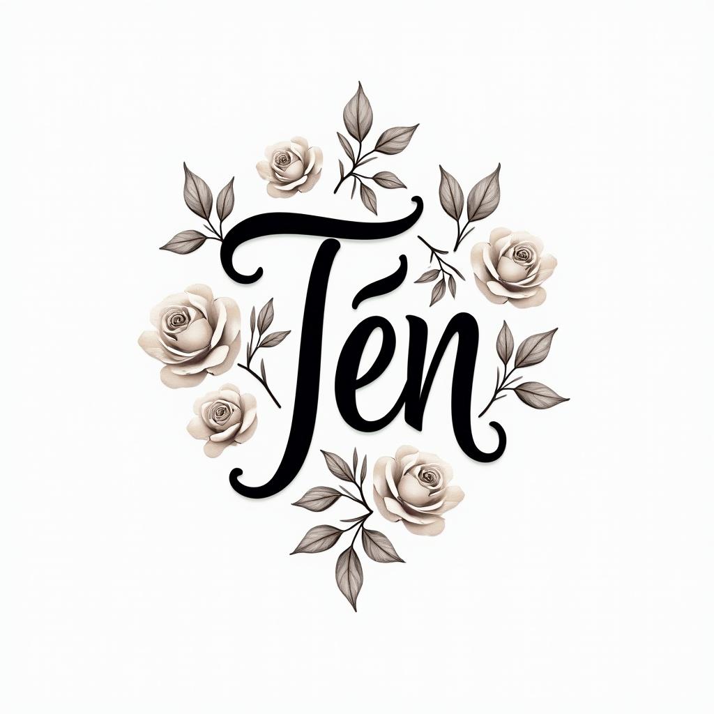 Tênin elegant cursive calligraphy style 2d tattoo, decorate with roses, featuring a smooth and flowing handwritten script with slightly thickened strokes for a luxurious and bold appearance,  heart symbol between names,  sleek and glossy black text with shadowing, minimalist matte white background, clean and sharp edges, illuminated with soft lighting, romantic, 8k, high-quality textures with refined typography