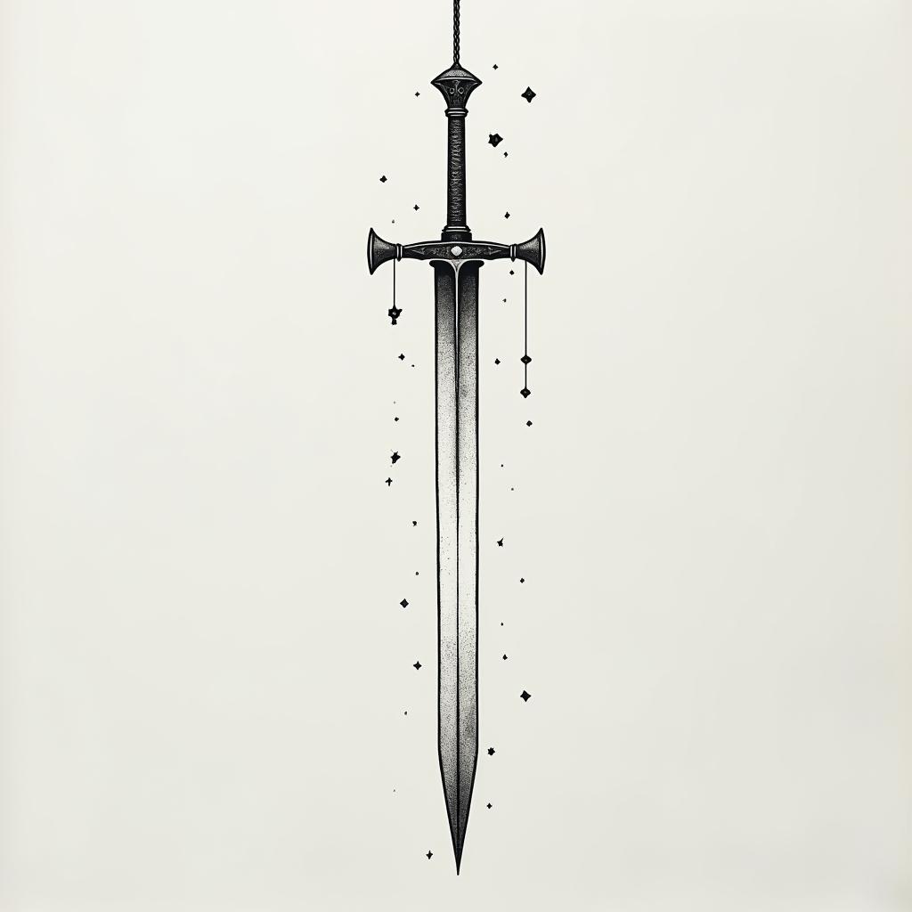 Sleep token sword of Damocles with lyrics suspending on a thread that state “nobody told me I’d get tired of myself”in minimalist style tattoo, featuring simple shapes and fine lines, with minimal shading and details, tiny triangles, creating a sense of balance and harmony - Variation 3