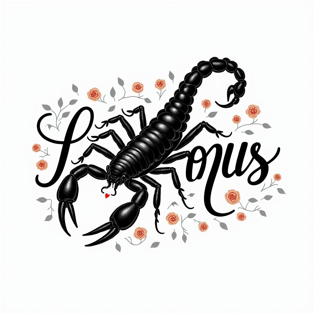 Scorpion with sharp, detailed clawsin elegant cursive calligraphy style 2d tattoo, decorate with roses, featuring a smooth and flowing handwritten script with slightly thickened strokes for a luxurious and bold appearance, heart symbol between names, sleek and glossy black text with shadowing, minimalist matte white background, clean and sharp edges, illuminated with soft lighting, romantic, 8k, high-quality textures with refined typography - Variation 3