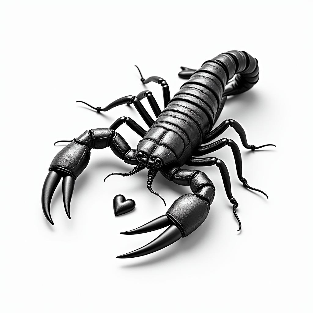 Scorpion with sharp, detailed clawsin elegant cursive calligraphy style 2d tattoo, decorate with roses, featuring a smooth and flowing handwritten script with slightly thickened strokes for a luxurious and bold appearance, heart symbol between names, sleek and glossy black text with shadowing, minimalist matte white background, clean and sharp edges, illuminated with soft lighting, romantic, 8k, high-quality textures with refined typography - Variation 4