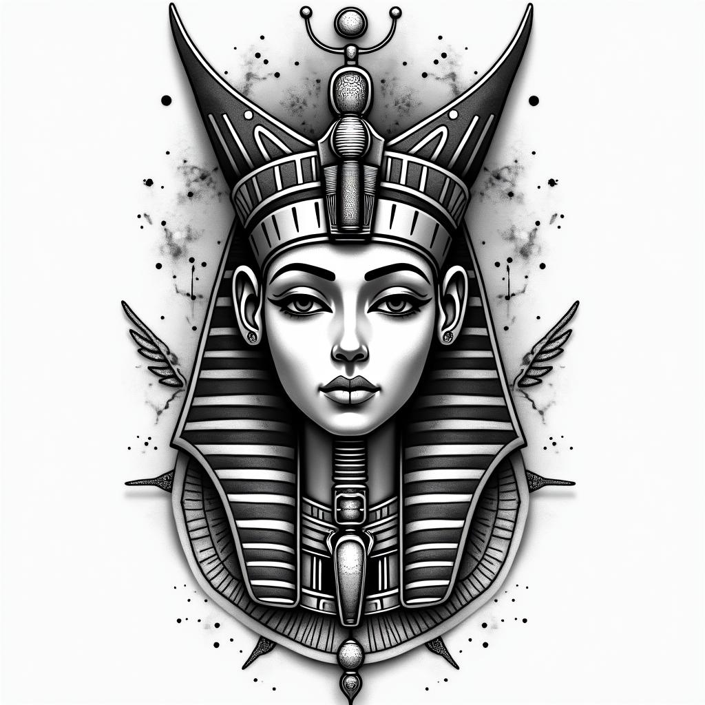 Gemini Graciela lovein egyptian style tattoo, bold elements of ancient egyptian culture including a portrait of an Egyptian pharaoh with detailed facial features, in hieroglyphs and symbolic imagery, eye of horus, ankh symbol, scarab beetle