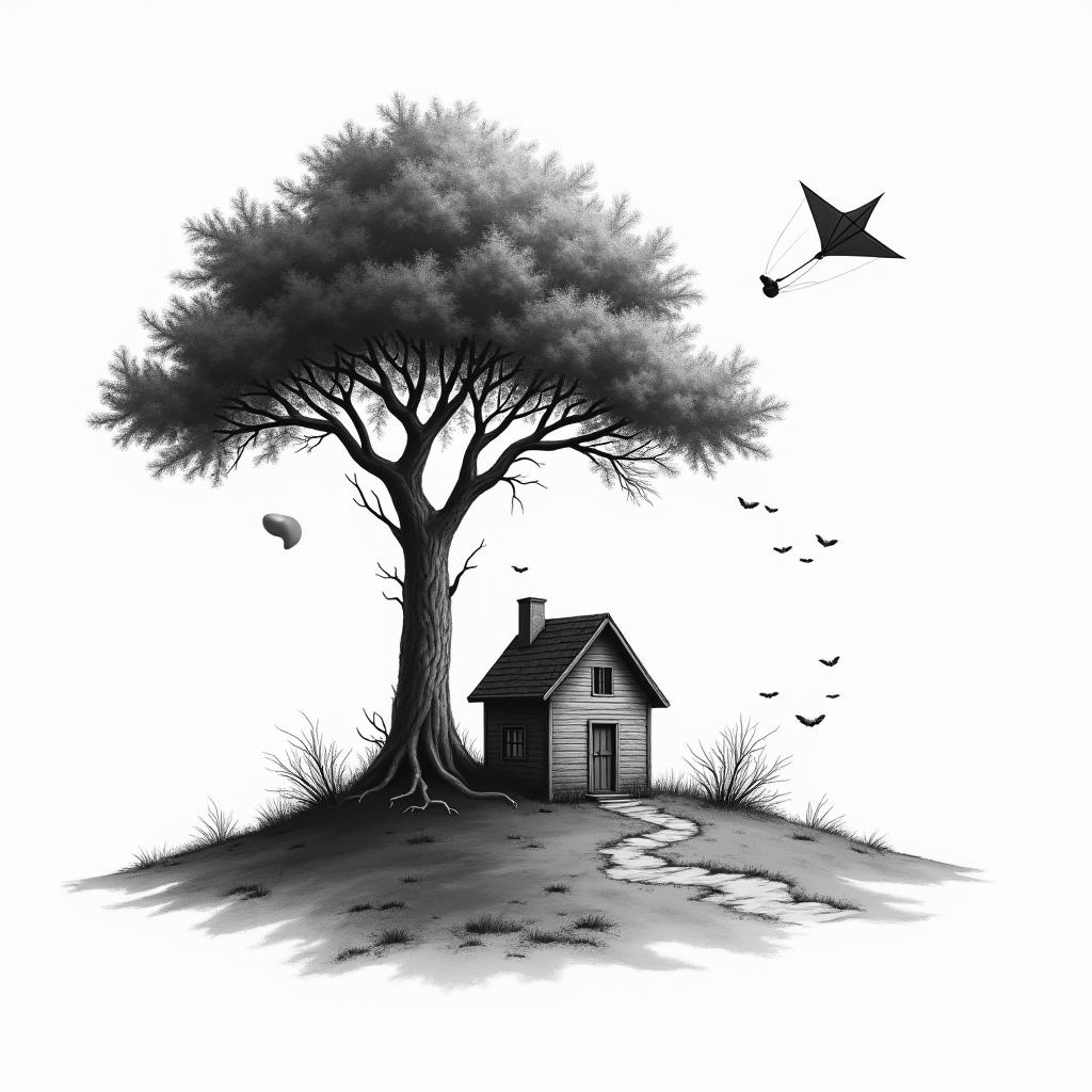 jamelão tree, kite, number fourteen, simple little house behind, marblesin realism tattoo style, featuring a highly detailed, lifelike, capturing every detail, photorealistic, ultra realistic, intricate shading, smooth and sharp,