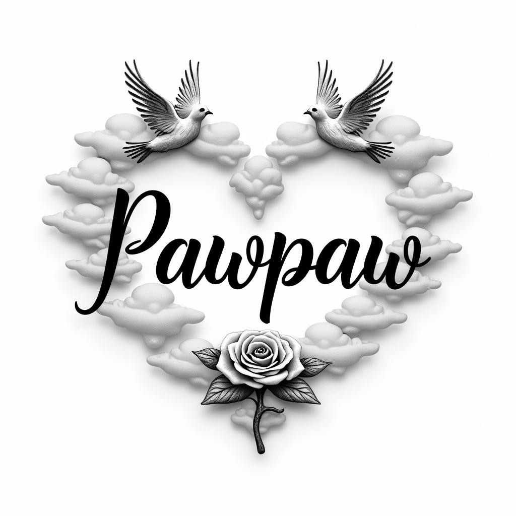 Pawpaw with clouds and dovesin elegant cursive calligraphy style 2d tattoo, decorate with roses, featuring a smooth and flowing handwritten script with slightly thickened strokes for a luxurious and bold appearance, heart symbol between names, sleek and glossy black text with shadowing, minimalist matte white background, clean and sharp edges, illuminated with soft lighting, romantic, 8k, high-quality textures with refined typography - Variation 3