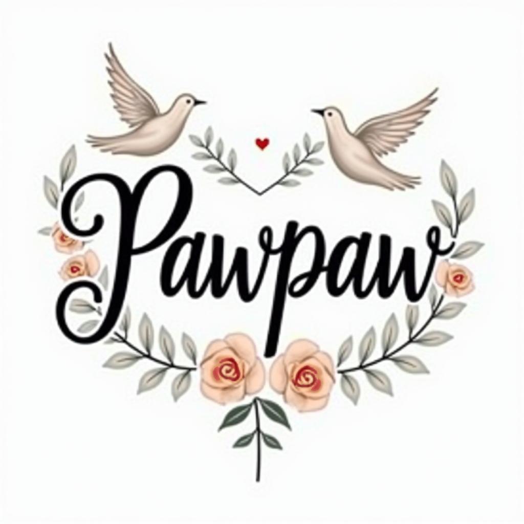 Pawpaw with clouds and dovesin elegant cursive calligraphy style 2d tattoo, decorate with roses, featuring a smooth and flowing handwritten script with slightly thickened strokes for a luxurious and bold appearance, heart symbol between names, sleek and glossy black text with shadowing, minimalist matte white background, clean and sharp edges, illuminated with soft lighting, romantic, 8k, high-quality textures with refined typography