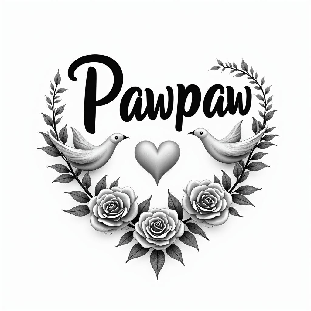 Pawpaw with clouds and dovesin elegant cursive calligraphy style 2d tattoo, decorate with roses, featuring a smooth and flowing handwritten script with slightly thickened strokes for a luxurious and bold appearance, heart symbol between names, sleek and glossy black text with shadowing, minimalist matte white background, clean and sharp edges, illuminated with soft lighting, romantic, 8k, high-quality textures with refined typography - Variation 2