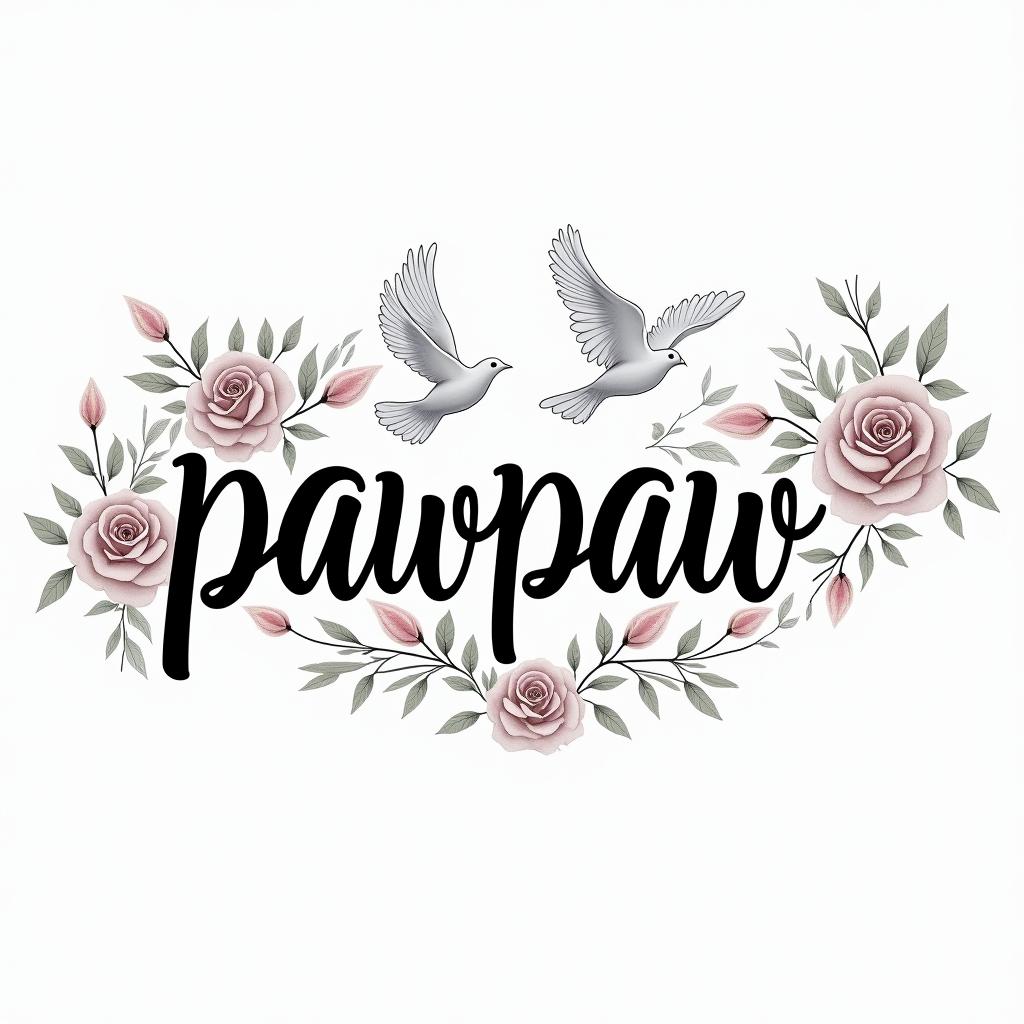 Pawpaw with clouds and dovesin elegant cursive calligraphy style 2d tattoo, decorate with roses, featuring a smooth and flowing handwritten script with slightly thickened strokes for a luxurious and bold appearance, heart symbol between names, sleek and glossy black text with shadowing, minimalist matte white background, clean and sharp edges, illuminated with soft lighting, romantic, 8k, high-quality textures with refined typography - Variation 4