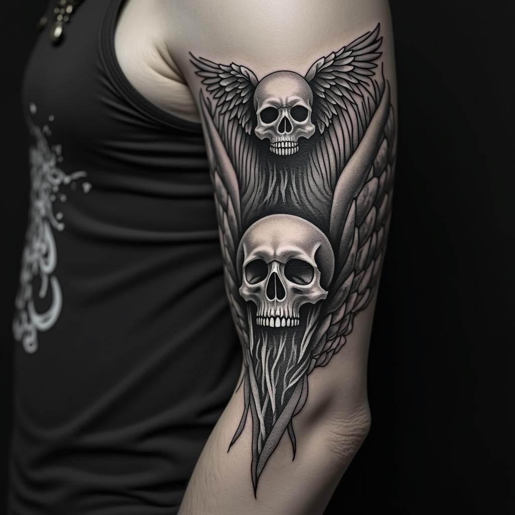 Angel sky memorial in horror tattoo style, showcasing haunting and unsettling, dark and gritty textures with skulls, eerie faces, jgged designs, bold and intense shading - Variation 4
