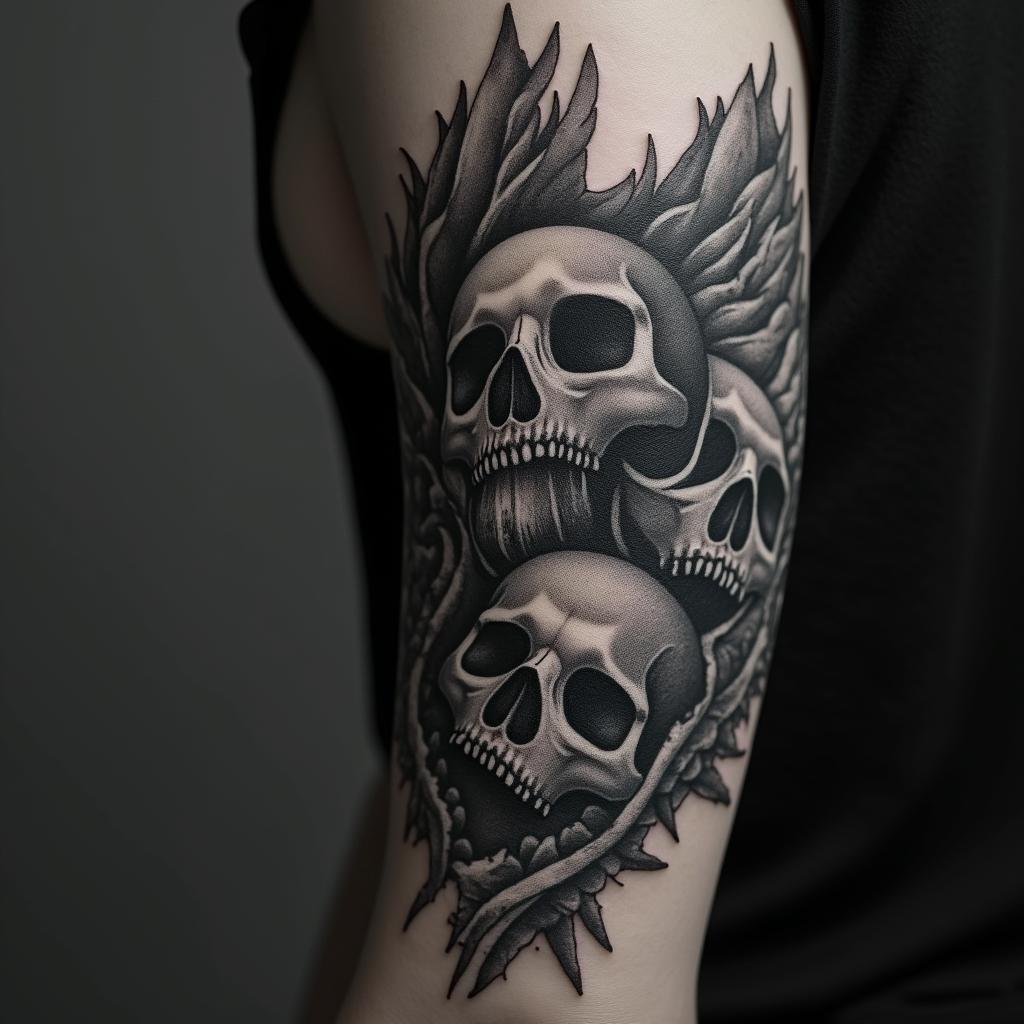 Angel sky memorial in horror tattoo style, showcasing haunting and unsettling, dark and gritty textures with skulls, eerie faces, jgged designs, bold and intense shading - Variation 3
