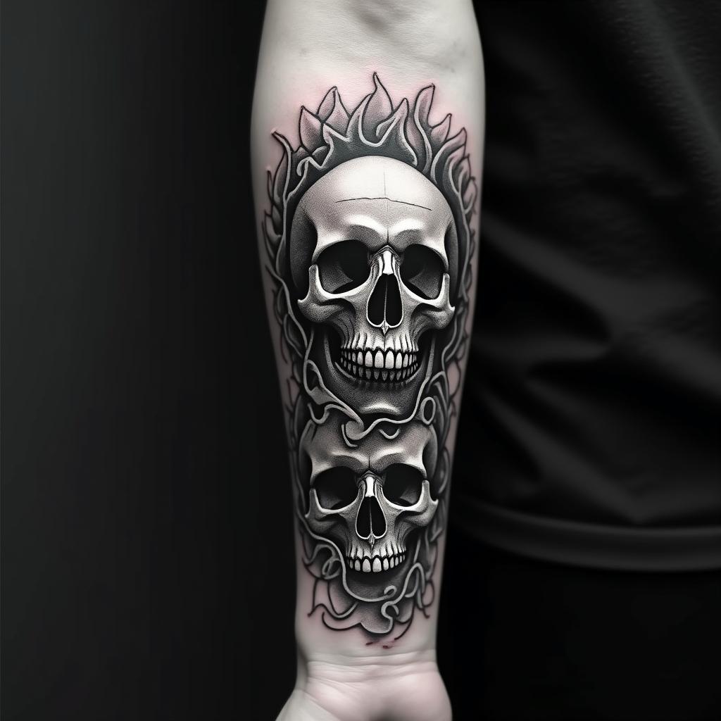 Angel sky memorial in horror tattoo style, showcasing haunting and unsettling, dark and gritty textures with skulls, eerie faces, jgged designs, bold and intense shading